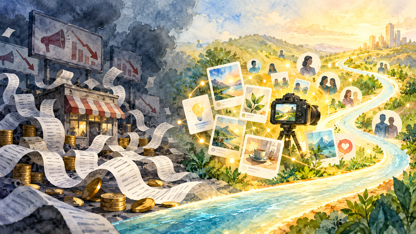 Editorial illustration of organic marketing momentum replacing expensive paid-ad dependence