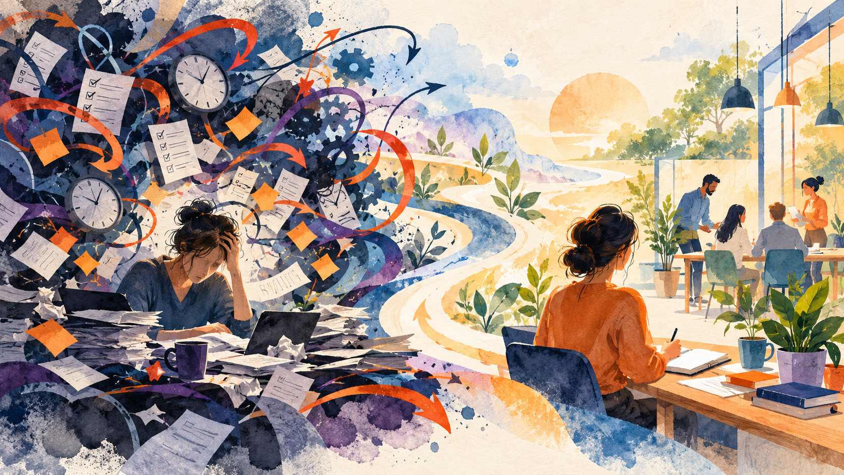 Editorial illustration of work overload resolving into a calm, organized workspace