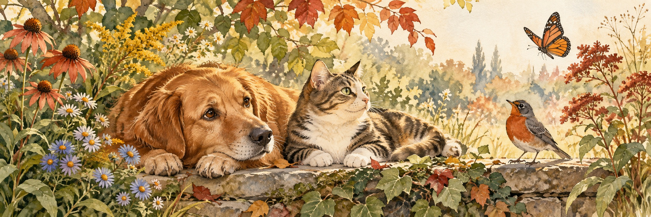 Watercolor garden with a dog, cat, robin and butterfly