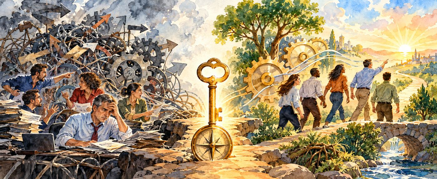 Editorial illustration of gears, a key, aligned people, a clear path and an open landscape representing management alignment