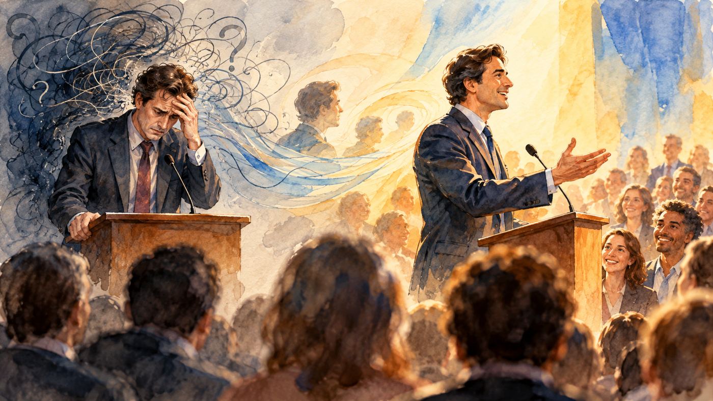 Editorial illustration contrasting a speaker frozen in self-consciousness with a speaker connecting naturally with an audience