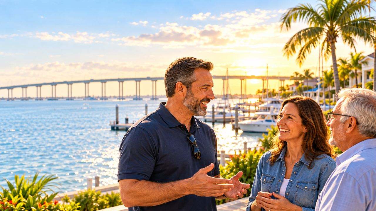 A local professional talking with neighbors by the sunny Florida waterfront