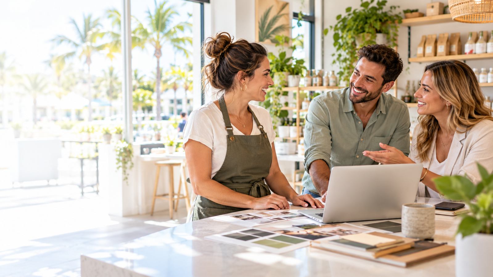 A local business team discussing its identity and customer experience in a bright shop