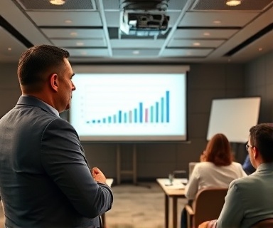 strategic marketing tactics, determined expression, presenting, photorealistic, conference room with a projector and slides, highly detailed, graphs and charts emerging in animation, 28mm lens, neutral colors, overhead lighting, shot with a 28-135mm camera lens