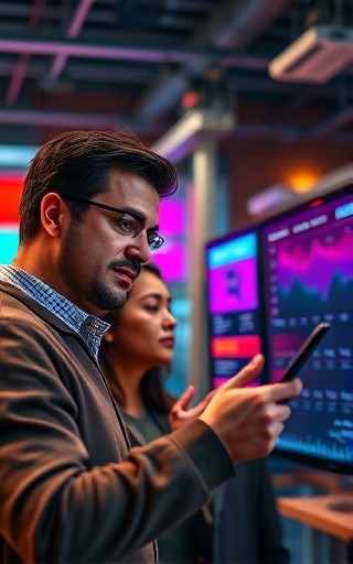 eye-catching seasonal campaign, determined expression, reviewing sales data, photorealistic, industrial-style office with team of strategists, highly detailed, interactive displays and infographics, ultra-high definition, bold colors, neon lighting, shot with a tilt-shift lens.