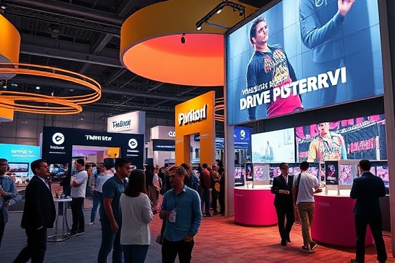 dynamic custom promotion, interactive experience, driving participation, photorealistic, energetic trade show booth with interactive displays, highly detailed, people engaging with brand installations, high contrast colors, soft ambient light, shot with a Tamron SP 24-70mm f/2.8 Di VC USD G2 lens