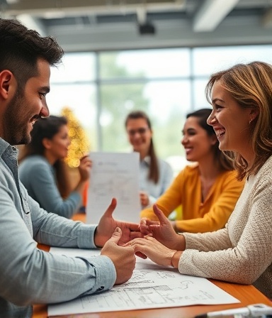 engaging seasonal promotion, cheerful expression, devising attractive offers, photorealistic, open-plan workspace with team synergy and brainstorming sketches, highly detailed, movement of ideas and enthusiasm, vivid contrast, bright, with LED lighting, shot with a macro lens.