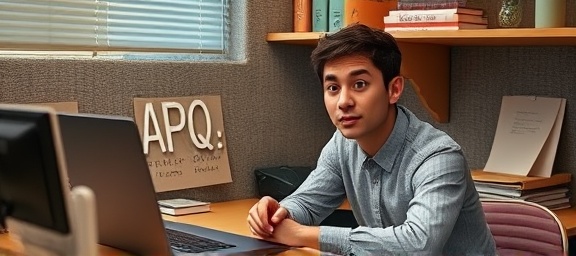detailed FAQ query, curious expression, asking a question, photorealistic, cozy office cubicle with a laptop, highly detailed, notes and stationery on desk, high resolution, pastel colors, soft shadows, shot with a 50mm lens.
