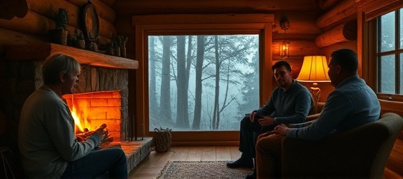 charming marketing solutions, collaborative, discussing, photorealistic, rustic cabin setting with a crackling fireplace, highly detailed, faint shadows of forest trees into the cabin, detailed depiction, rich earthy tones, mellow lamp lighting, shot with a 70-200mm lens.