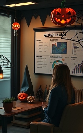 Halloween marketing tips, excited, reviewing data, photorealistic, modern office decorated with Halloween elements, highly detailed, charts and graphs on bulletin board, dark and spooky tones, mood lighting, shot with a 50mm prime lens