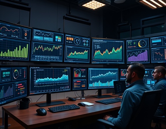 detailed video analytics, analytical, reviewing, photorealistic, high-tech office with multiple monitors displaying charts and graphs, highly detailed, dashboards updating in real-time, UHD clarity, cool colors, ambient lighting, shot with a Fujifilm 85mm lens
