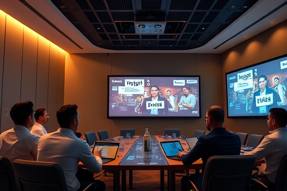 creative marketing campaign, passionate, pitching innovative ideas, photorealistic, sleek conference room with projector displays, highly detailed, animated slides and engaging figures, excellently sharp, bold colors, warm artificial lighting, shot with a 24mm f/1.4 lens