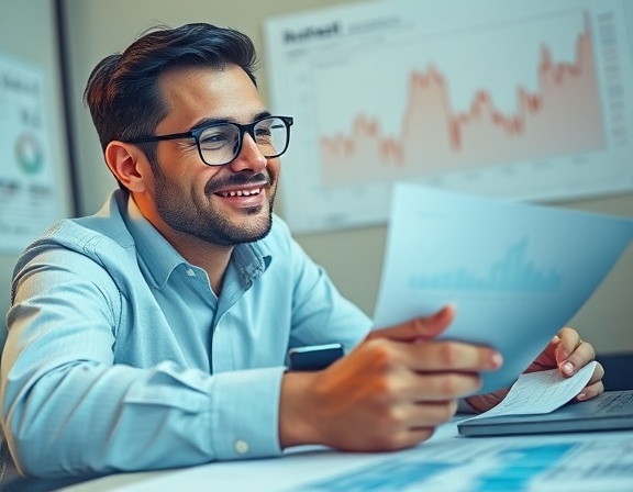 efficient marketing budget, optimistic expression, calculating, photorealistic, desk with spreadsheets and graphs, highly detailed, fluctuating stock market charts, 50mm lens, cool tones, soft lighting, shot with a 50mm prime camera lens