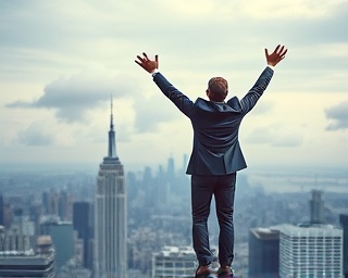 triumphant businessperson, proud, reaching peak success achievement, photorealistic, atop a skyscraper overlooking a bustling city, highly detailed, clouds moving across the sky, f/4.0, muted blues and grays, early morning light, shot with a 70mm lens.