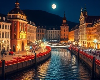 interactive holiday marketing, vibrant, engaging with audience, photorealistic, large town square surrounded by festive lights, highly detailed, flowing river with small boats lit up, ultra-high definition, deep color saturation, moonlit night, shot with a long-focus lens.