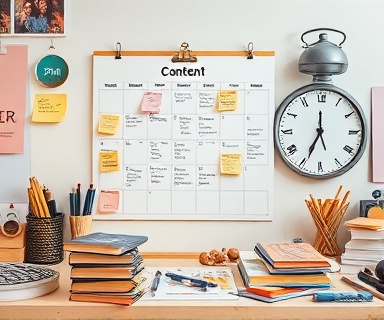 meticulous content calendar, strategic, pinning notes on a board, photorealistic, creative studio with art supplies scattered, highly detailed, a clock showing time 3 PM, vivid contrast, pastel colors, diffused soft light, shot with a 50mm lens.