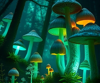 innovative artwork, whimsical expression, constructing, photorealistic, fantasy forest with towering mushrooms and luminescent plants, highly detailed, faint mist drifting through the scene, 4K quality, vivid greens and blues, ethereal lighting, shot with a macro lens.