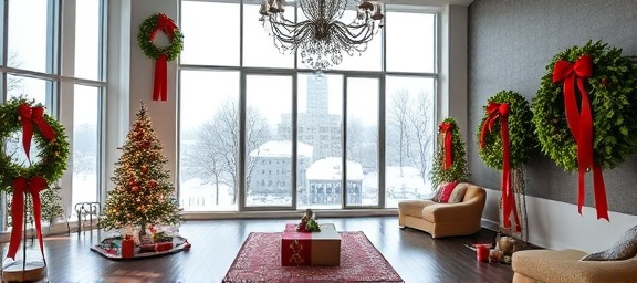 captivating festive marketing, strategic, planning, photorealistic, spacious loft with holiday wreaths and ribbons, highly detailed, snow-covered cityscape visible through the windows, ultraclear resolution, bright primary colors, natural daylight illumination, shot with a 60mm lens.