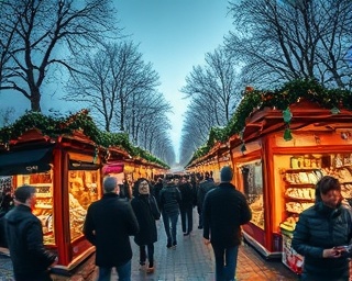 magical seasonal marketing, creative, designing ads, photorealistic, open-air market with holiday stalls, highly detailed, ambient bustling crowd movement, UHD clarity, vivid blues and silvers, early evening glow lighting, shot with a fisheye lens.