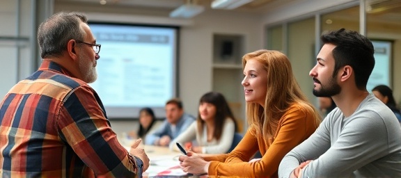 comprehensive FAQ guide, attentive expression, explaining, photorealistic, classroom setting with a projector, highly detailed, students taking notes, high resolution, vibrant colors, natural daylight, shot with a 50mm lens.