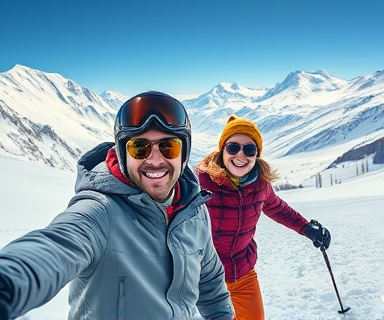 adventurous holiday video, eager expression, capturing moments, photorealistic, snowy mountain landscape with skiers enjoying the slopes, highly detailed, wind-blown snow and glistening peaks, rich color spectrum, brilliant sunlight, shot with a 70-200mm lens.