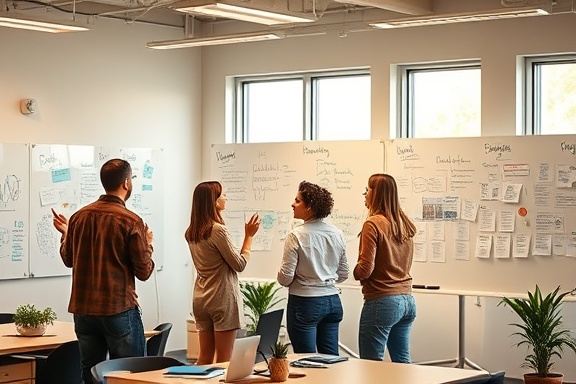 dynamic marketing strategy, strategic thinking, planning, photorealistic, an office space filled with whiteboards and notes, highly detailed, people collaborating and discussing, crisp imagery, warm colors, natural window lighting, shot with a Nikon 35mm lens