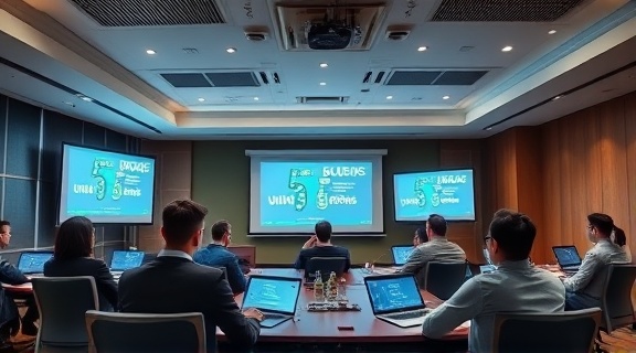 strategic digital marketing strategy, visionary, orchestrating, photorealistic, conference room with projectors and laptops, highly detailed, team brainstorming with digital presentations, clean resolution, earth tones, overhead lighting, shot with a Panasonic 45mm lens
