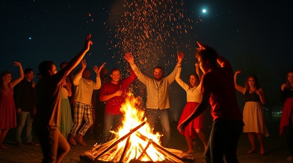 joyful holiday celebration, ecstatic expression, dancing around a bonfire, photorealistic, starlit night sky with twinkling stars, highly detailed, sparks flying from the fire, ISO 1600, cool moonlit glow, shot with an 85mm lens