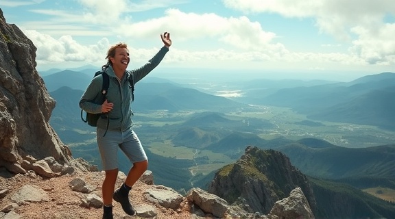 exhilarating success adventure, thrilled expression, climbing a rugged mountain path, photorealistic, breathtaking panoramic view of the valley below, highly detailed, clouds drifting in the sky, f/11, crisp daylight, shot with a telephoto lens