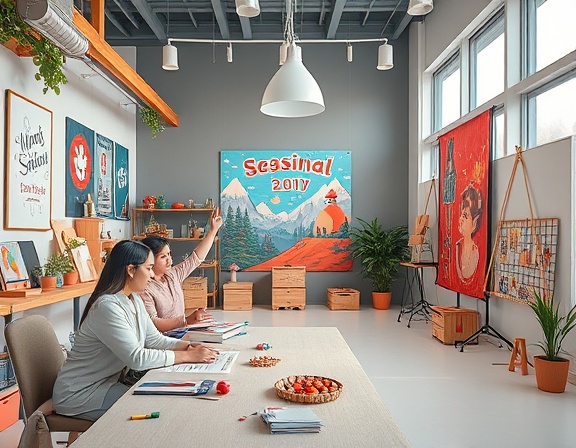 dynamic seasonal advertising, thoughtful expression, crafting impactful visuals, photorealistic, modern design studio with colorful posters, highly detailed, hands-on activities and mockups, sharp contrast, pastel shades, studio lighting, shot with a 24mm lens.