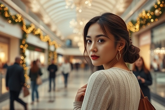 elegant holiday ads, serene, posing, photorealistic, luxury mall with Christmas garlands, highly detailed, shoppers in the background, 70-200mm telephoto lens, muted gold and silver, soft diffused lighting, shot with a Canon EF 70-200mm