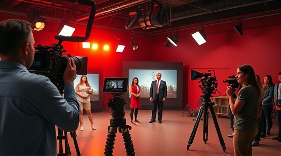 captivating video creation process, imaginative, directing, photorealistic, film set with cameras and crew members, highly detailed, actors rehearsing a scene, ultra-sharp, deep colors, professional studio lighting, shot with a Zeiss 35mm lens