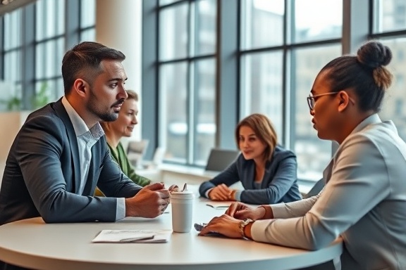 expertise professional workspace, focused consultant, discussing strategies, photorealistic, modern open-plan office with large windows, highly detailed, colleagues brainstorming at round table, high definition, warm neutral colors, soft ambient lighting, shot with a 35mm lens