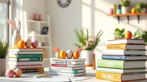 Easter marketing strategies, enthusiastic, refining content, photorealistic, vibrant workspace with Easter decorations, highly detailed, stacks of marketing books and notes, pastel colors, natural sunlight, shot with a 35mm prime lens