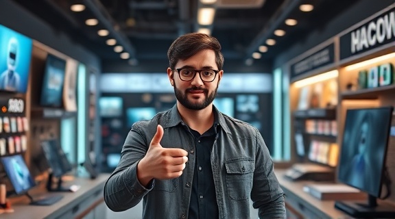enthusiastic earlybird, gesturing, presenting offers, photorealistic, tech store with gadgets, highly detailed, digital overlays, 4K resolution, sleek colors, LED lighting, shot with a 85mm lens