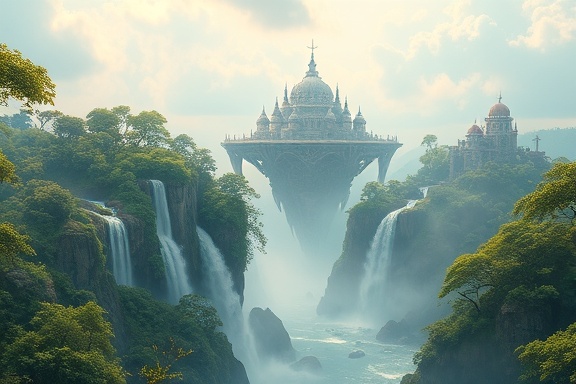 conceptual artwork, thoughtful expression, illustrating, photorealistic, surreal dreamscape with floating islands and cascading waterfalls, highly detailed, gentle breeze moving foliage, high-definition, pastel colors, soft ambient lighting, shot with a 24mm lens.