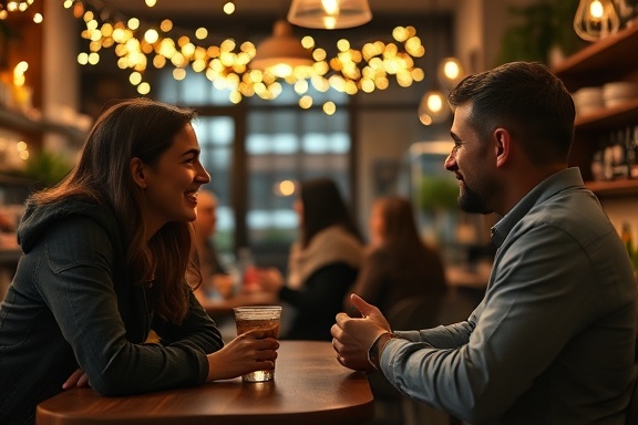 inviting marketing solutions, spontaneous, chatting, photorealistic, bohemian café decorated with fairy lights, highly detailed, subtle background chatter, ultra-sharp quality, warm coffee tones, soft dim lighting, shot with a 35mm lens.