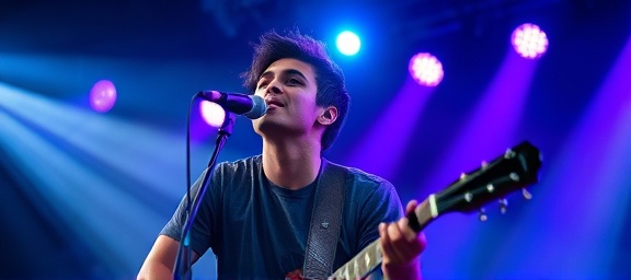 aspiring musician, passionate, rising to success achievement, photorealistic, on stage during a live concert, highly detailed, beams of light cutting through mist, f/1.4, vibrant purples and blues, spotlights shining, shot with a 50mm lens.