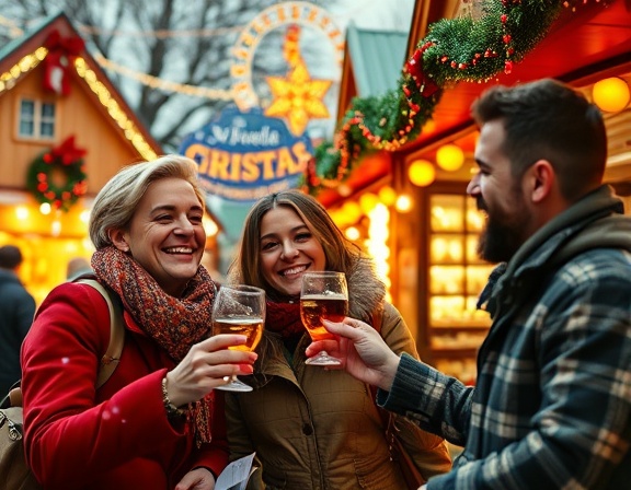 Festive friends, laughing, clinking glasses, photorealistic, Christmas market with colorful stands and decorations, highly detailed, falling snowflakes, vibrant colors, golden hour lighting, shot with a wide-angle lens