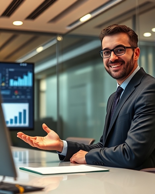 smiling business professional, confidently explaining a case study, photorealistic, sleek conference room with glass walls, highly detailed, charts and graphs on screen, depth of field, warm tones, overhead lighting, shot with a 35mm lens.