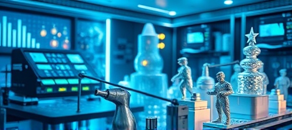 enthusiastic holiday solutions, adaptable, prototyping, photorealistic, sleek tech lab with futuristic devices, highly detailed, holographic figures of festive symbols, high clarity, chrome and silver palette, cool blue-green lighting, shot with a 24mm lens.