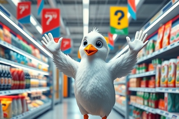 happy earlybird, waving, advertising deals, photorealistic, supermarket aisle with products, highly detailed, flying banners, 4K resolution, colorful palette, fluorescent lighting, shot with a 24mm lens
