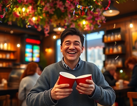 cheerful earlybird, smiling, offering discounts, photorealistic, cozy café with people, highly detailed, fluttering confetti, 4K resolution, warm hues, soft indoor lighting, shot with a 35mm lens