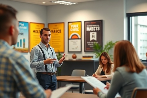 skills development session, enthusiastic mentor, demonstrating skills, photorealistic, stylish training room with motivational posters, highly detailed, trainees taking notes, ultra-sharp focus, bright and inviting color scheme, directional spotlighting, shot with a 85mm lens