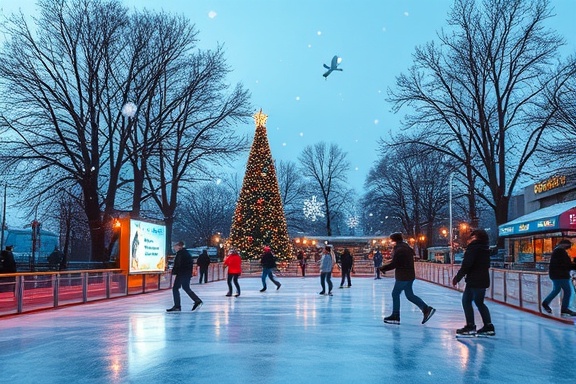 custom banners, whimsical, ice skating, photorealistic, outdoor ice rink with festive decorations, highly detailed, flying snowflakes and skaters, 24-70mm lens, cool winter colors, natural afternoon light, shot with a Nikon Z 24-70mm