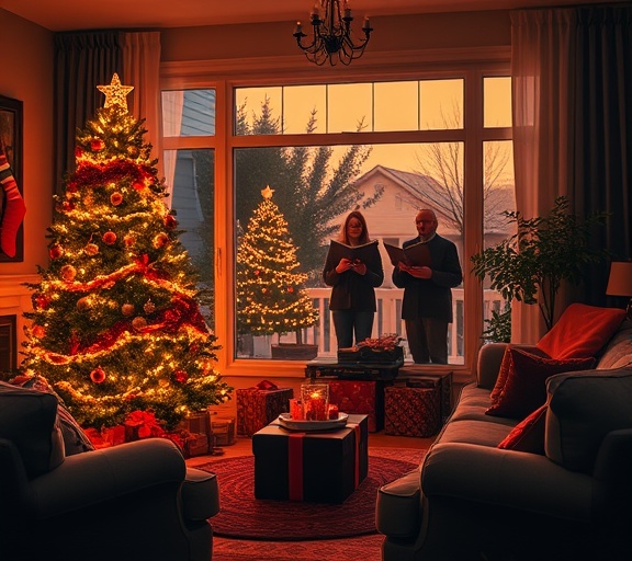 welcoming holiday solutions, uplifting, sharing gifts, photorealistic, suburban living room with a large Christmas tree, highly detailed, silhouettes of carol singers outside the window, refined detail, warm reds and greens, cozy firelight, shot with a prime lens.