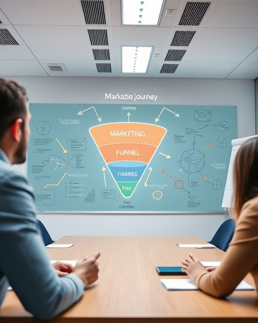 dynamic marketing funnel, focused, tracking customer journey, photorealistic, corporate meeting room with whiteboard sketches, highly detailed, digital arrows and flow diagrams in motion, superior clarity, bright colors, even overhead lighting, shot with a 35mm f/2 lens