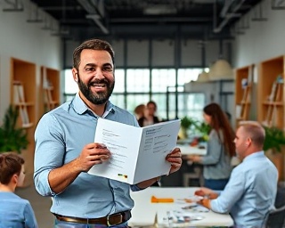thrilled client, enthusiastically presenting a case study, photorealistic, open workspace with bright decor, highly detailed, presentation materials and props, dynamic angles, bright and colorful, studio lighting, shot with a 50mm lens.