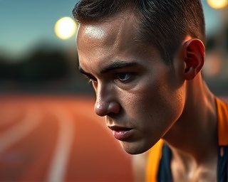 focused athlete, intense, honing commitment focus, photorealistic, on a running track with stadium lights, highly detailed, droplets of sweat glistening, f/1.8, deep shadows and bright highlights, dusk lighting, shot with a 85mm lens.