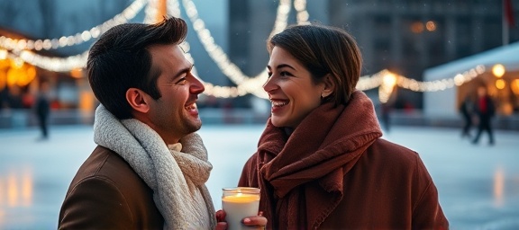 relaxed couple, content, enjoying holiday spirit, photorealistic, outdoor ice rink with twinkling lights, highly detailed, gentle snowfall adding a magical touch, f/2.2, warm candle-lit tones, twilight setting, shot with a 28mm lens.